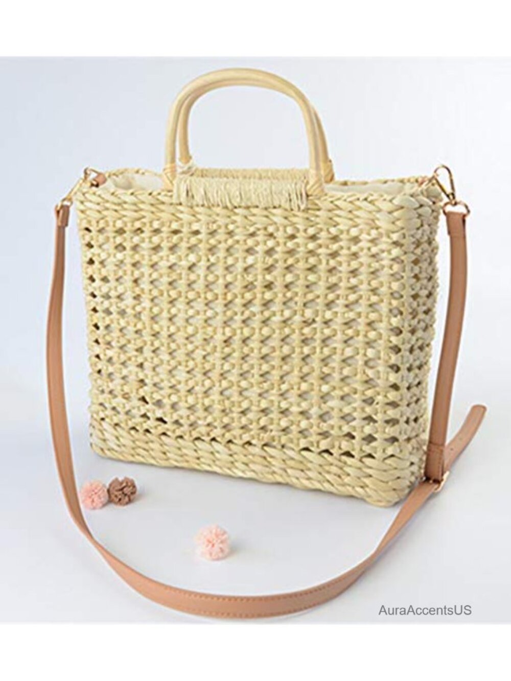 Straw Woven Bucket Bag Top Handle Drawstring Rattan Handbag Beach Purse - Picture 3 of 6